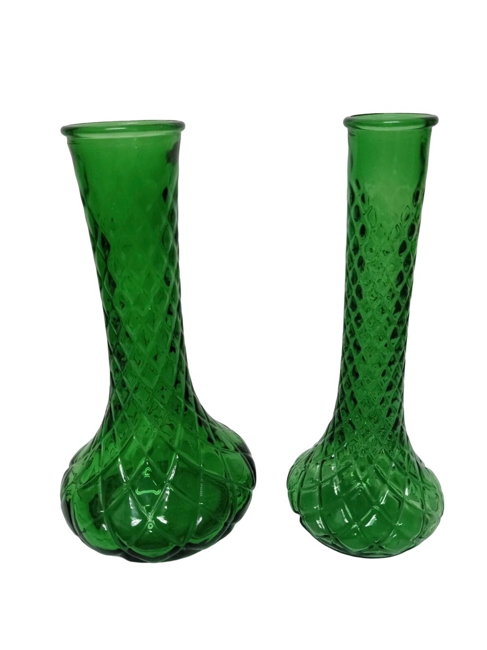 Vintage Set Hoosier Emerald Green Diamond Shape Glass Vases 4095 #17&18